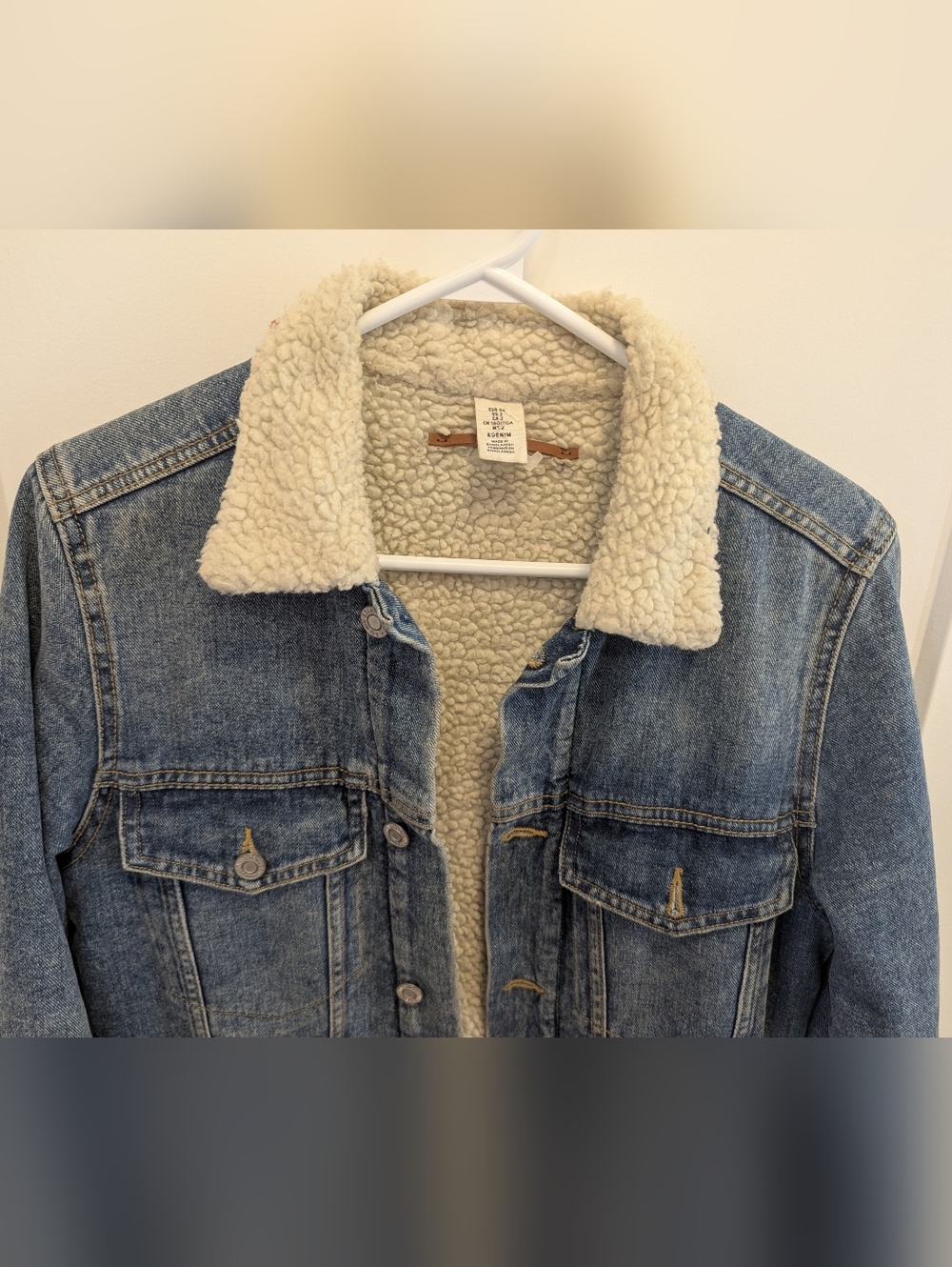 H&M Sherpa Lined Denim Jacket Shacket Cozy Oversized Blue Jean Coat - Picture 3 of 7